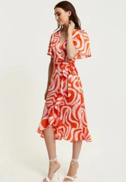 Women Liquorish Pink And Red Abstract Print Midi Wrap Dress