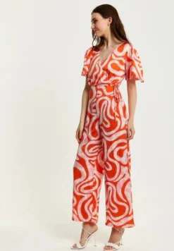 Women Liquorish Pink And Red Abstract Print Jumpsuit With Short Sleeves