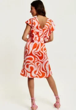 Women Liquorish Pink And Red Abstract Print Midi Dress With Frill Details