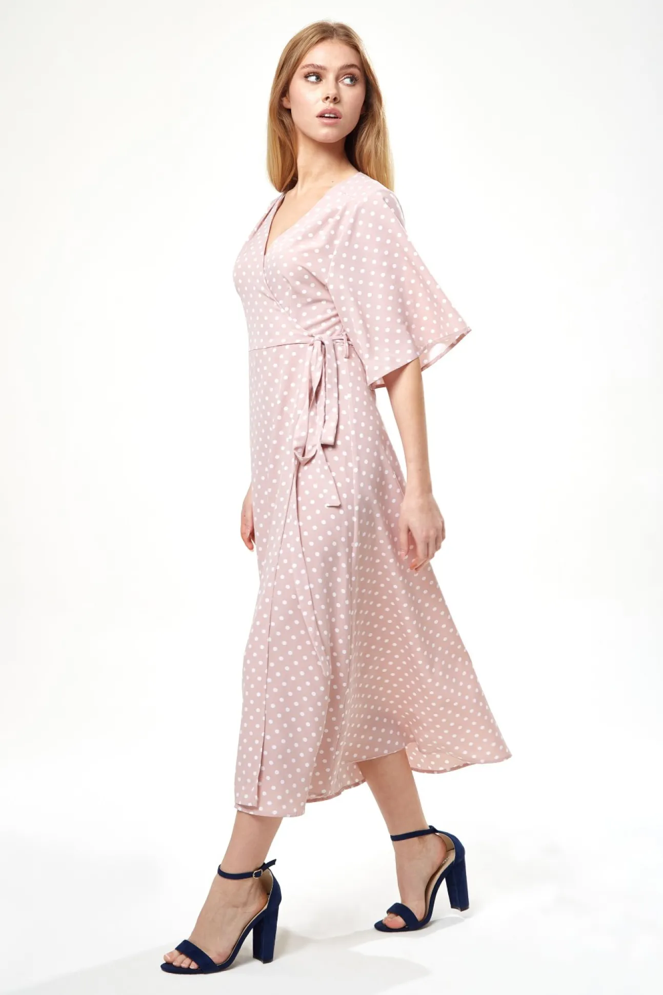 Women Liquorish Polka Dot Midi Wrap Dress In Light Pink