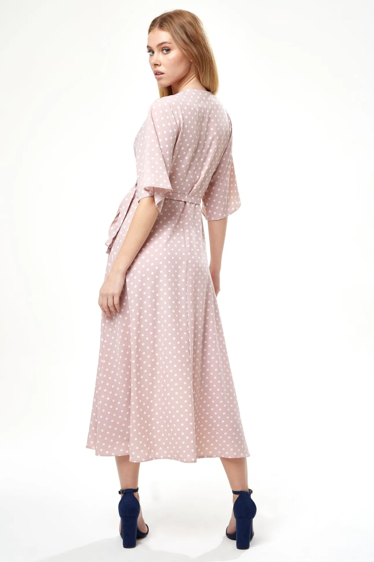 Women Liquorish Polka Dot Midi Wrap Dress In Light Pink