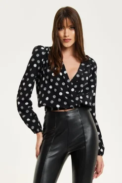 Women Liquorish Polka Dot Print Wrap Top In