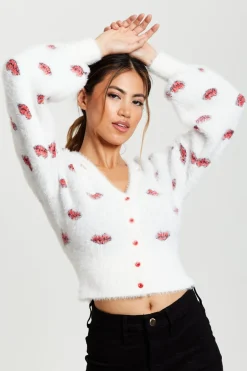Women Liquorish Red Lip Pattern Fluffy Cardigan In