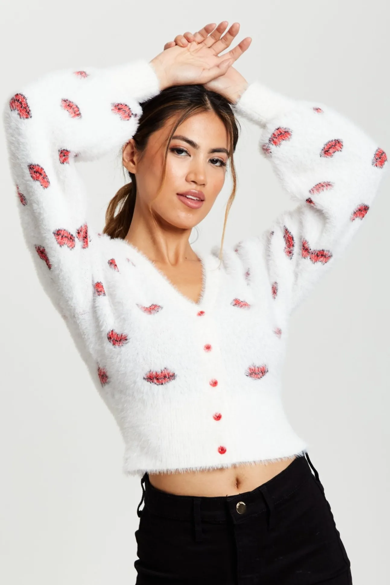 Women Liquorish Red Lip Pattern Fluffy Cardigan In