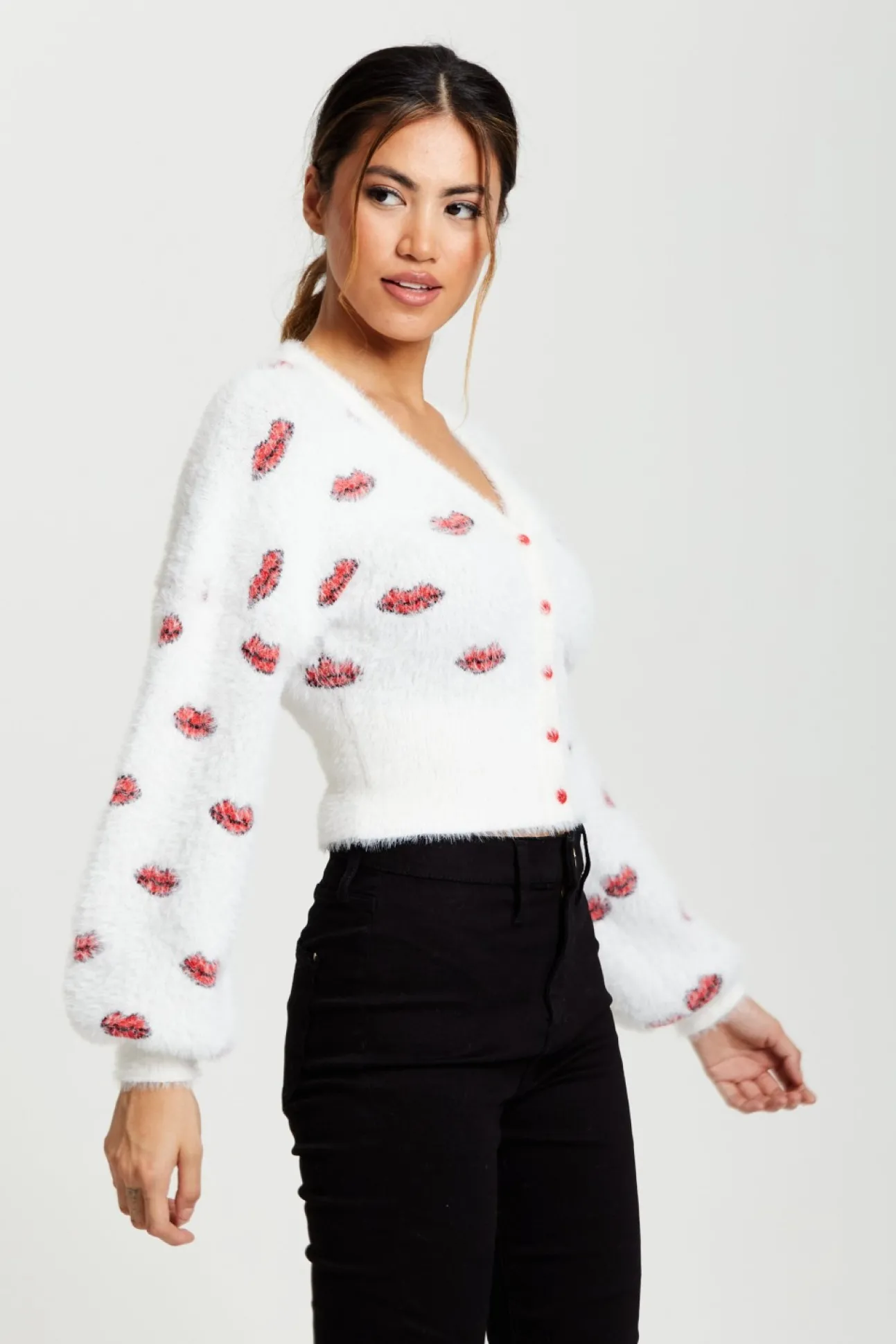 Women Liquorish Red Lip Pattern Fluffy Cardigan In