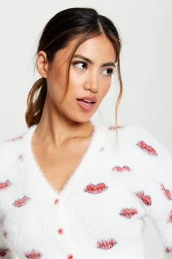 Women Liquorish Red Lip Pattern Fluffy Cardigan In
