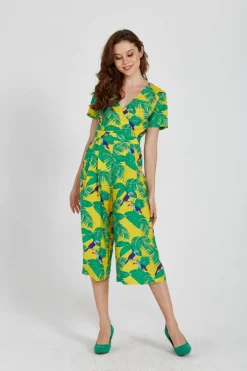 Women Liquorish Rock Kandy Wide Leg Jumpsuit In Yellow Leaf Print