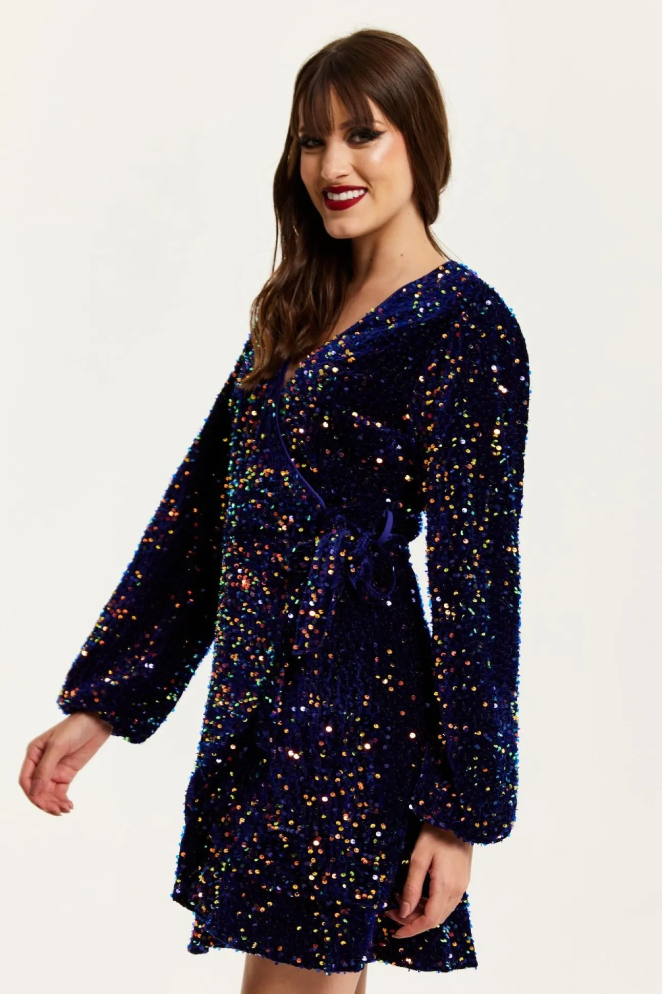 Women Liquorish Royal Blue Velvet Based Multicolour Sequin Mini Wrap Dress