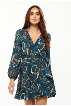 Women Liquorish Scribble Print Mini Wrap Dress With Long Sleeves