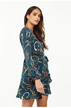 Women Liquorish Scribble Print Mini Wrap Dress With Long Sleeves