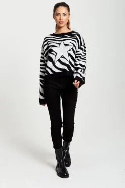 Women Liquorish Star Jumper In And White Zebra Pattern