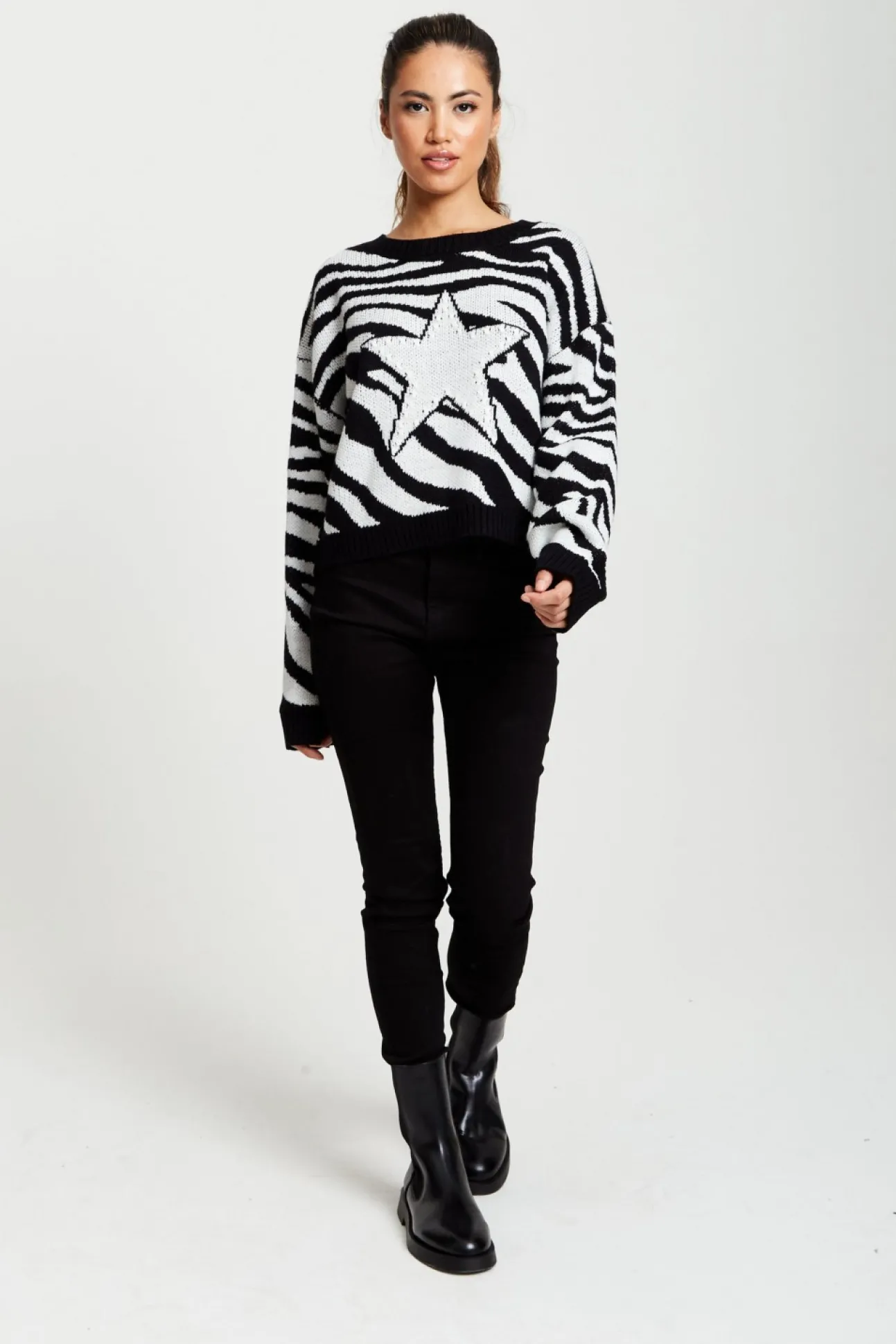 Women Liquorish Star Jumper In And White Zebra Pattern