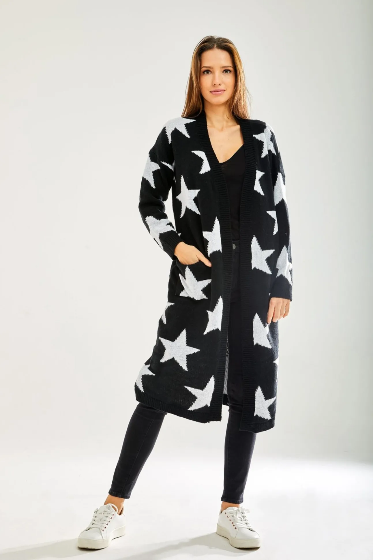 Women Liquorish Star Pattern Long Cardigan In