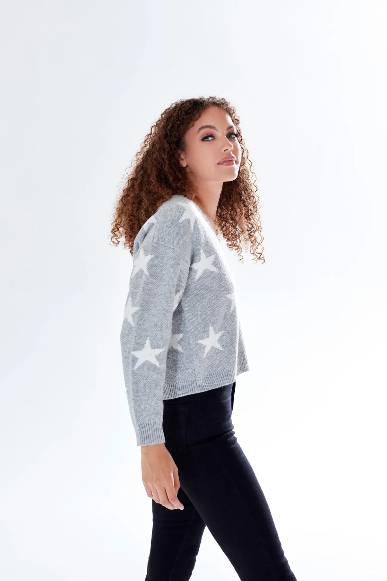 Women Liquorish Star Pattern V-Neck Button Down Cardigan