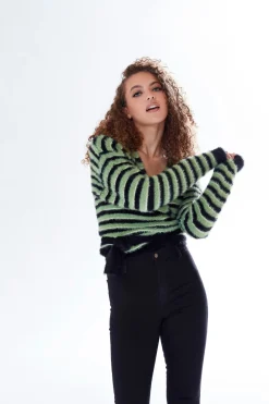 Women Liquorish Striped Wrap-Around Cardigan In Black