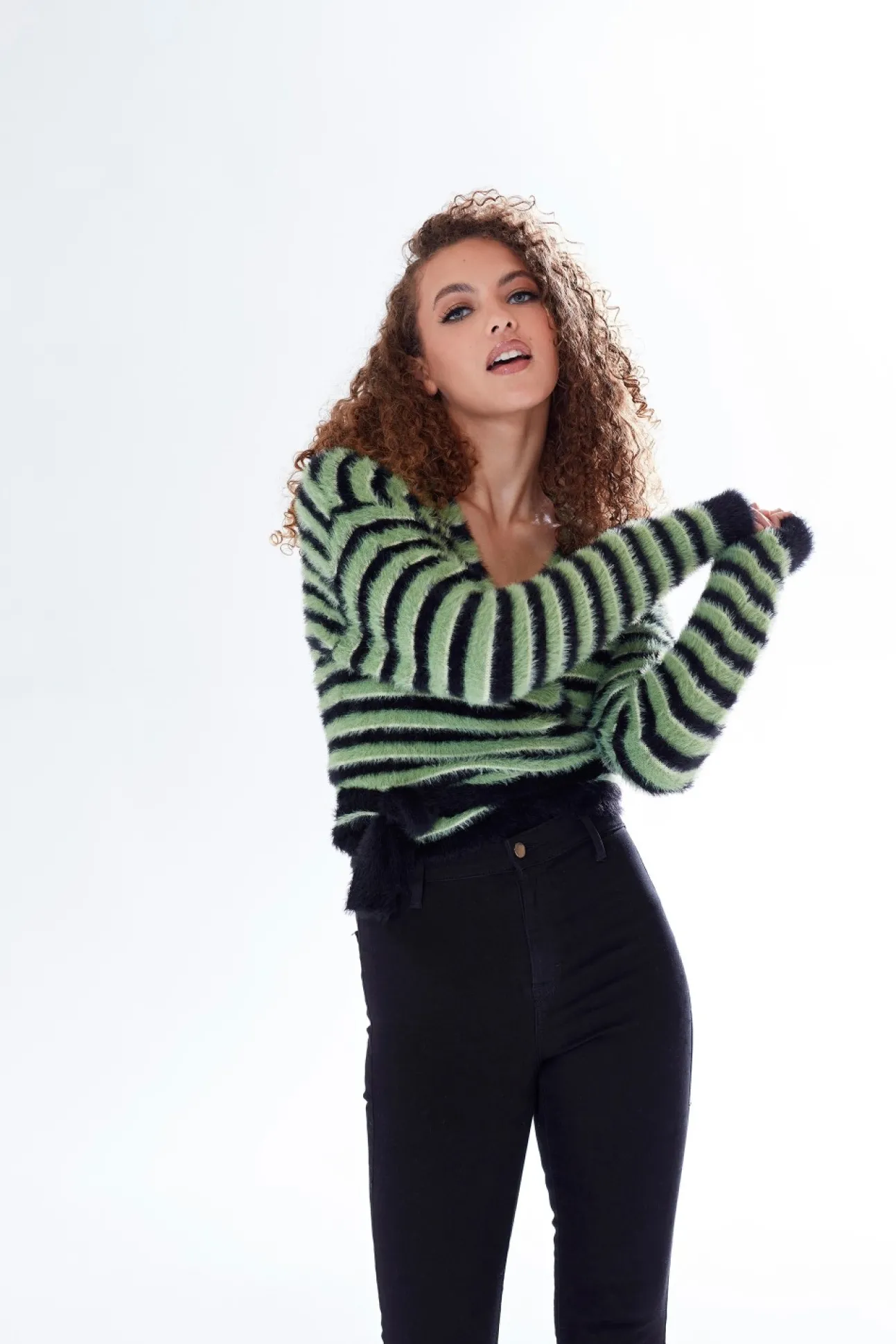 Women Liquorish Striped Wrap-Around Cardigan In Black