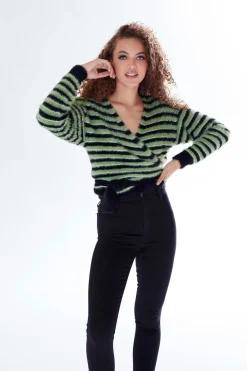 Women Liquorish Striped Wrap-Around Cardigan In Black