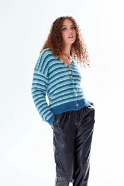 Women Liquorish Texture Stripe Cardigan Blue Turquoise White Tones