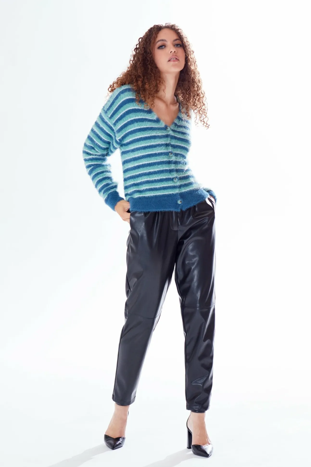 Women Liquorish Texture Stripe Cardigan Blue Turquoise White Tones