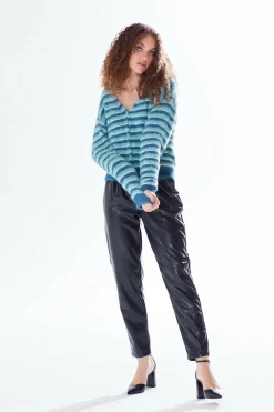 Women Liquorish Texture Stripe Cardigan Blue Turquoise White Tones