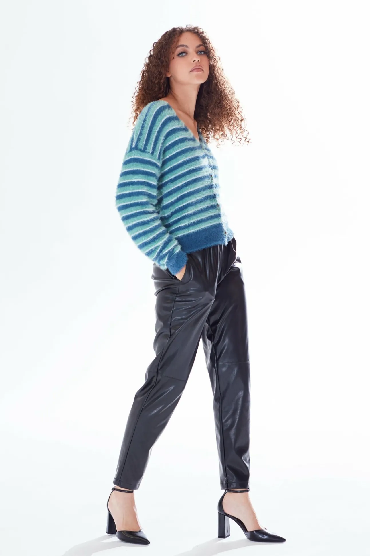 Women Liquorish Texture Stripe Cardigan Blue Turquoise White Tones