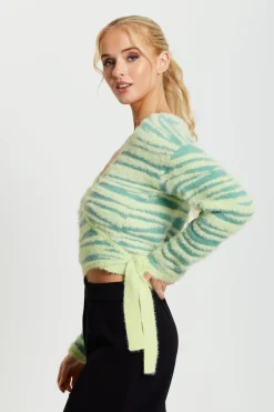 Women Liquorish Textured Zebra Wrap Cardigan In Yellow And Green