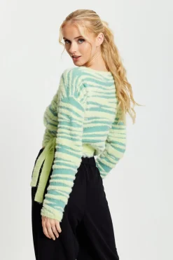 Women Liquorish Textured Zebra Wrap Cardigan In Yellow And Green