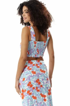 Women Liquorish Tie Front Floral Print Crop Top In Blue And Red