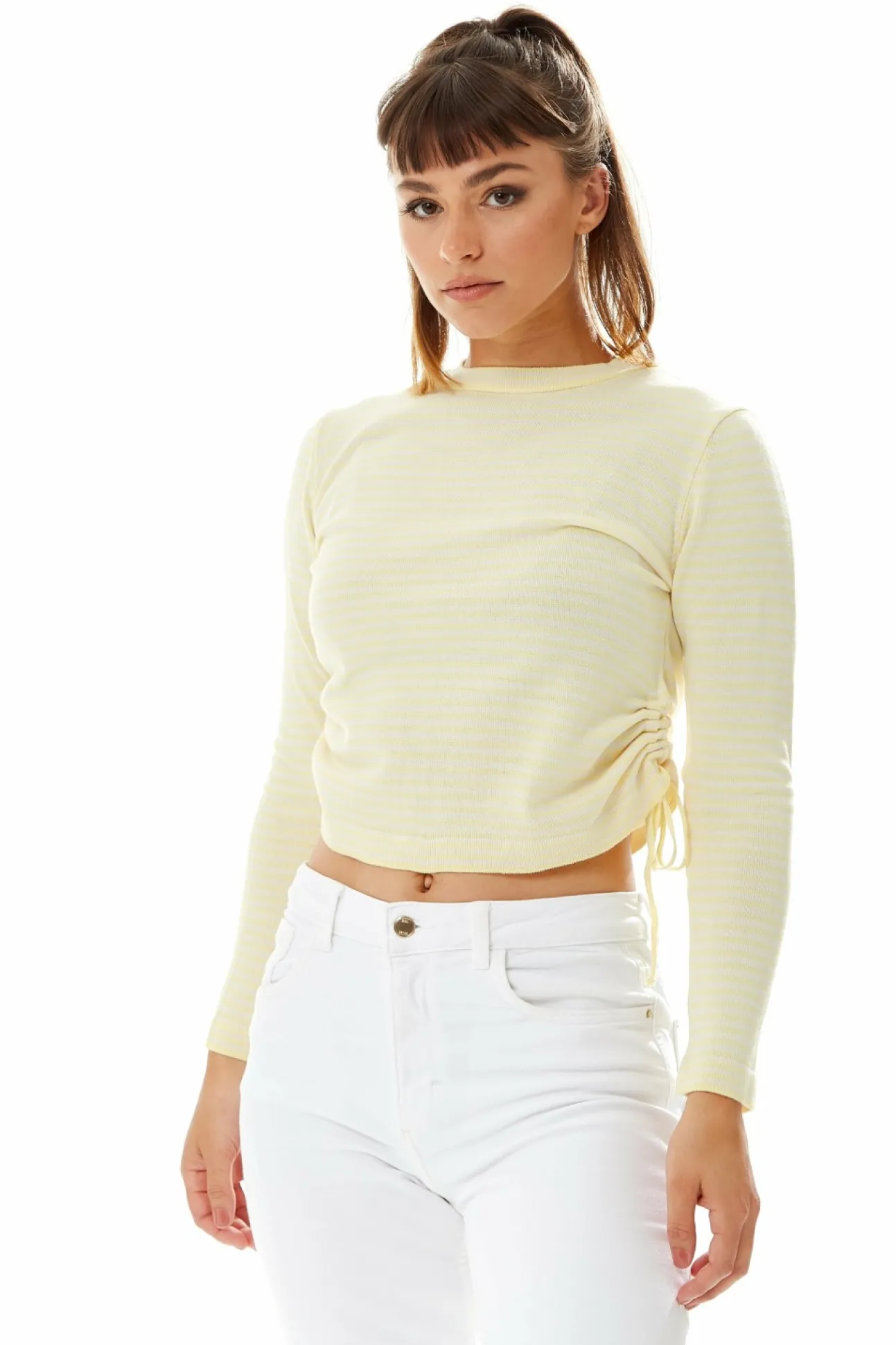 Women Liquorish Top In And White Stripes With Long Sleeves