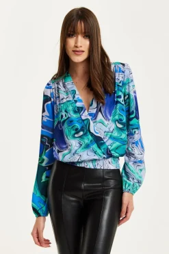 Women Liquorish Turquoise Marble Print Wrap Top