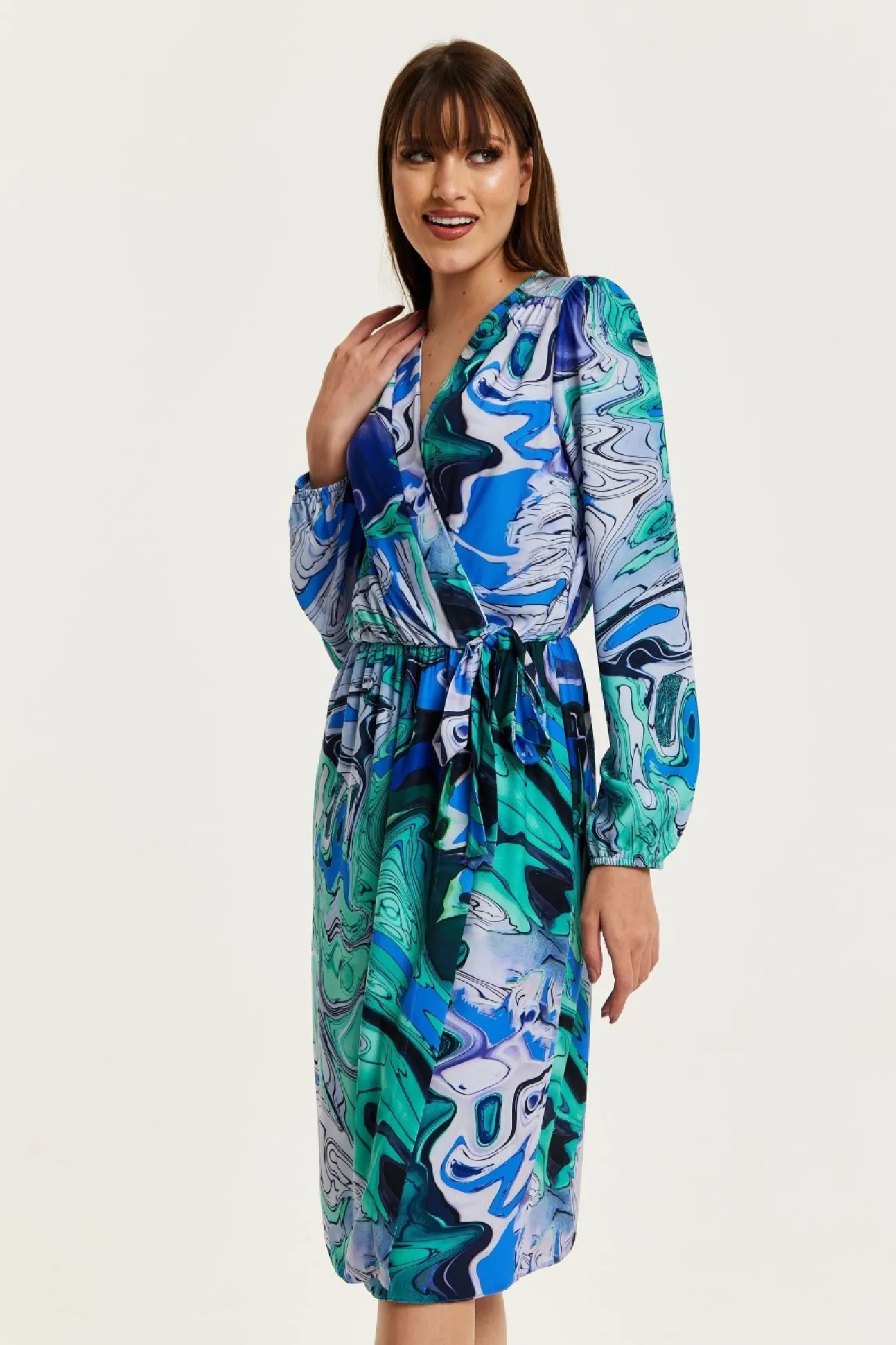 Women Liquorish Turquoise Marble Print Midi Wrap Dress