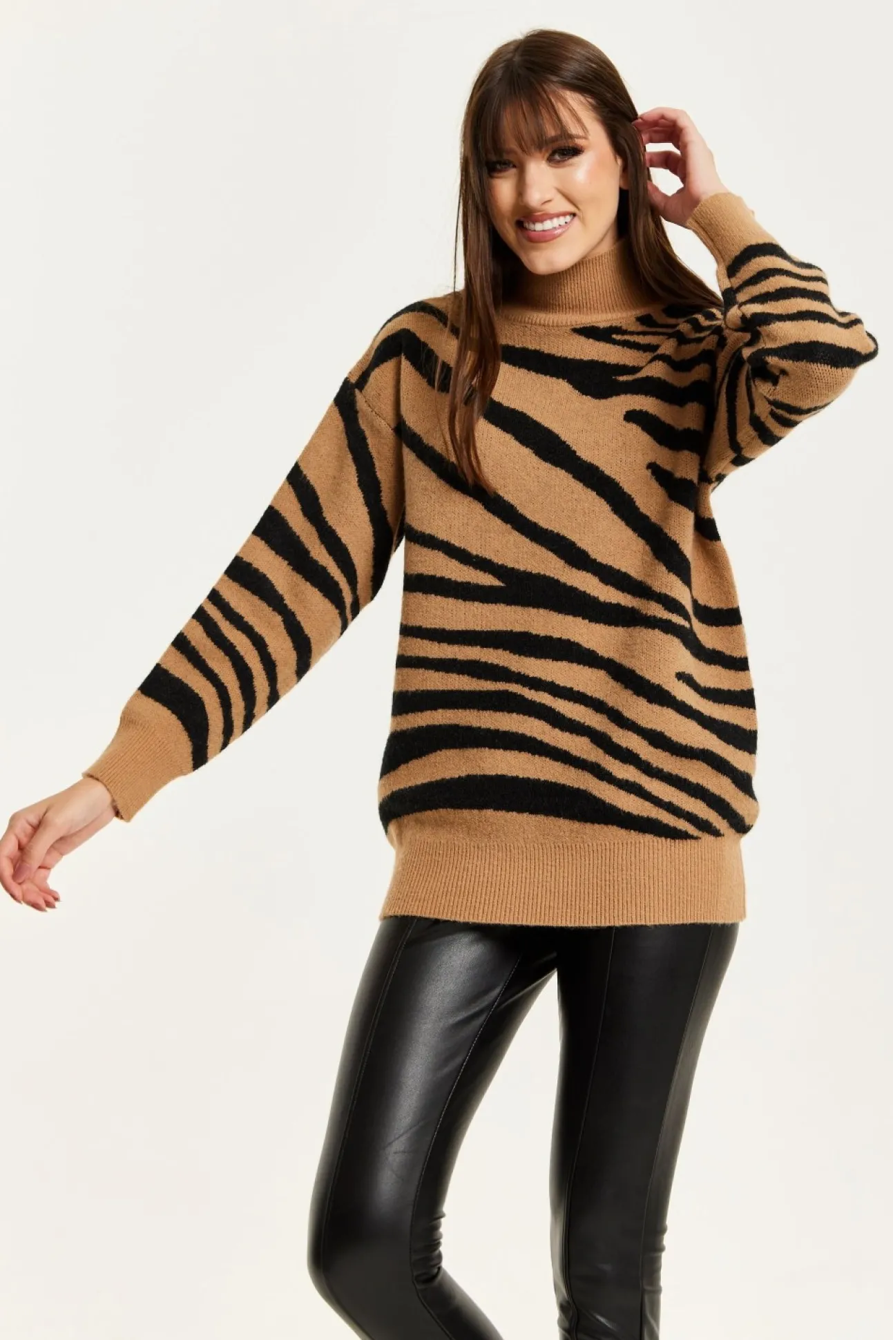 Women Liquorish Zebra Pattern High Neck Jumper In And Black