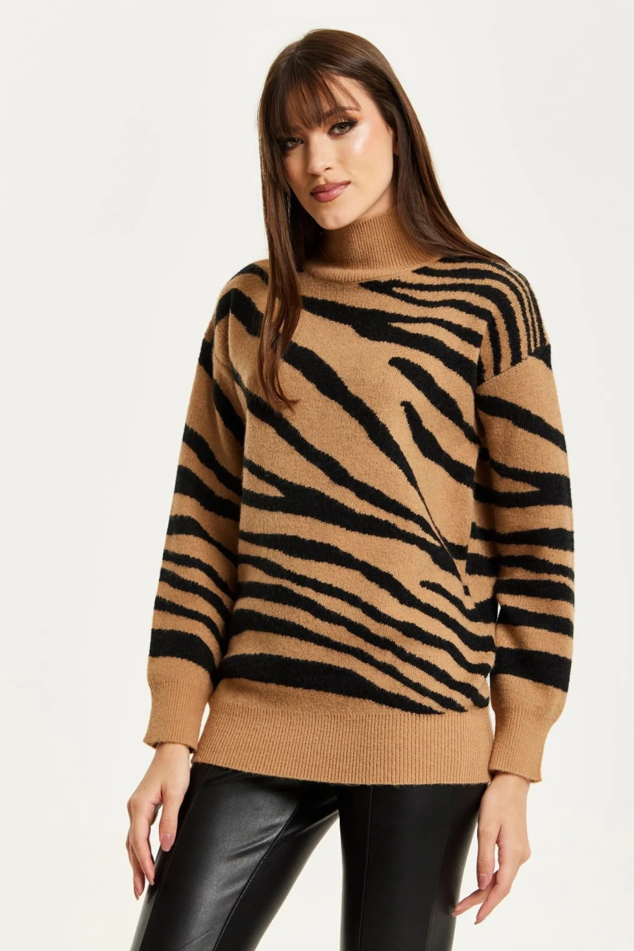 Women Liquorish Zebra Pattern High Neck Jumper In And Black