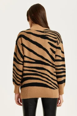 Women Liquorish Zebra Pattern High Neck Jumper In And Black