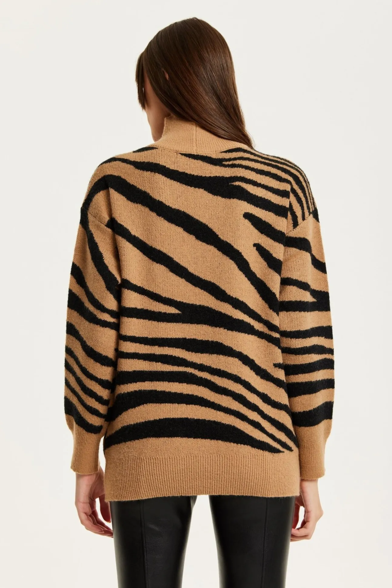 Women Liquorish Zebra Pattern High Neck Jumper In And Black
