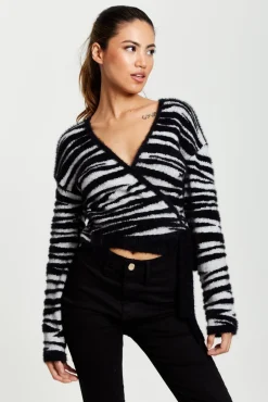 Women Liquorish Zebra Pattern Wrap Cardigan In Black And White