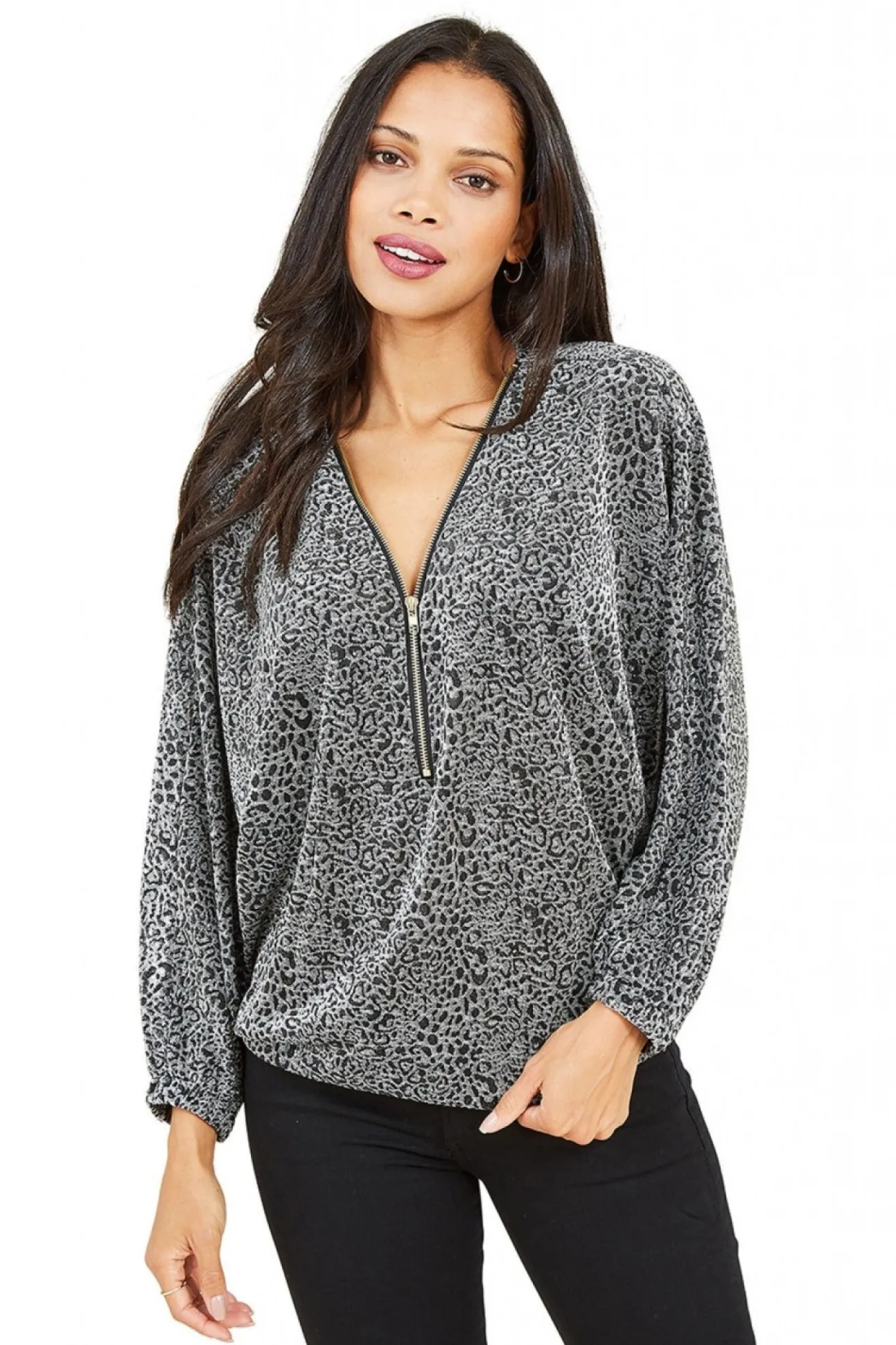 Women Mela London Leopard Zip Top