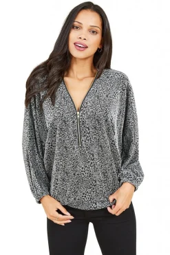 Women Mela London Leopard Zip Top