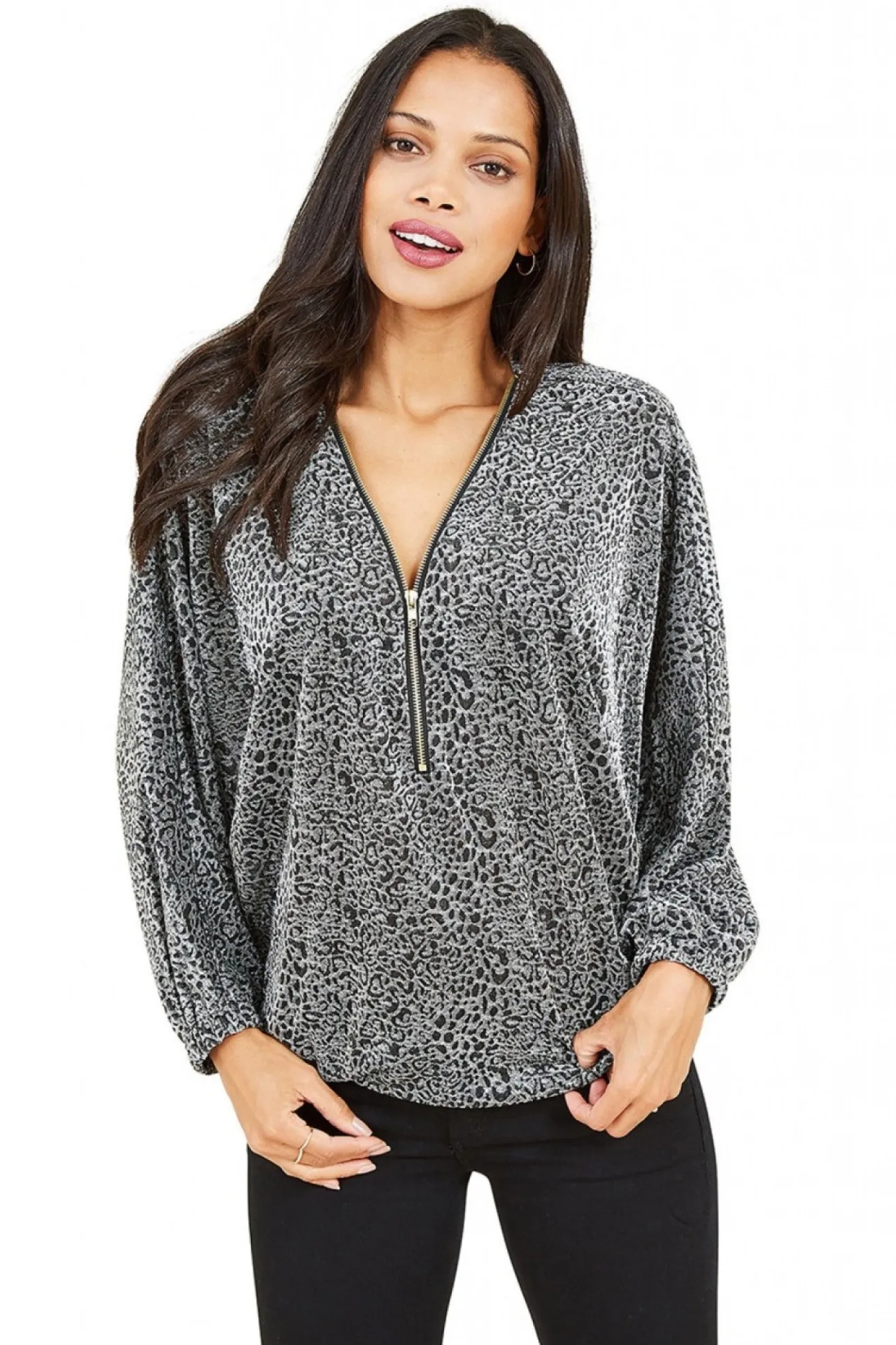 Women Mela London Leopard Zip Top