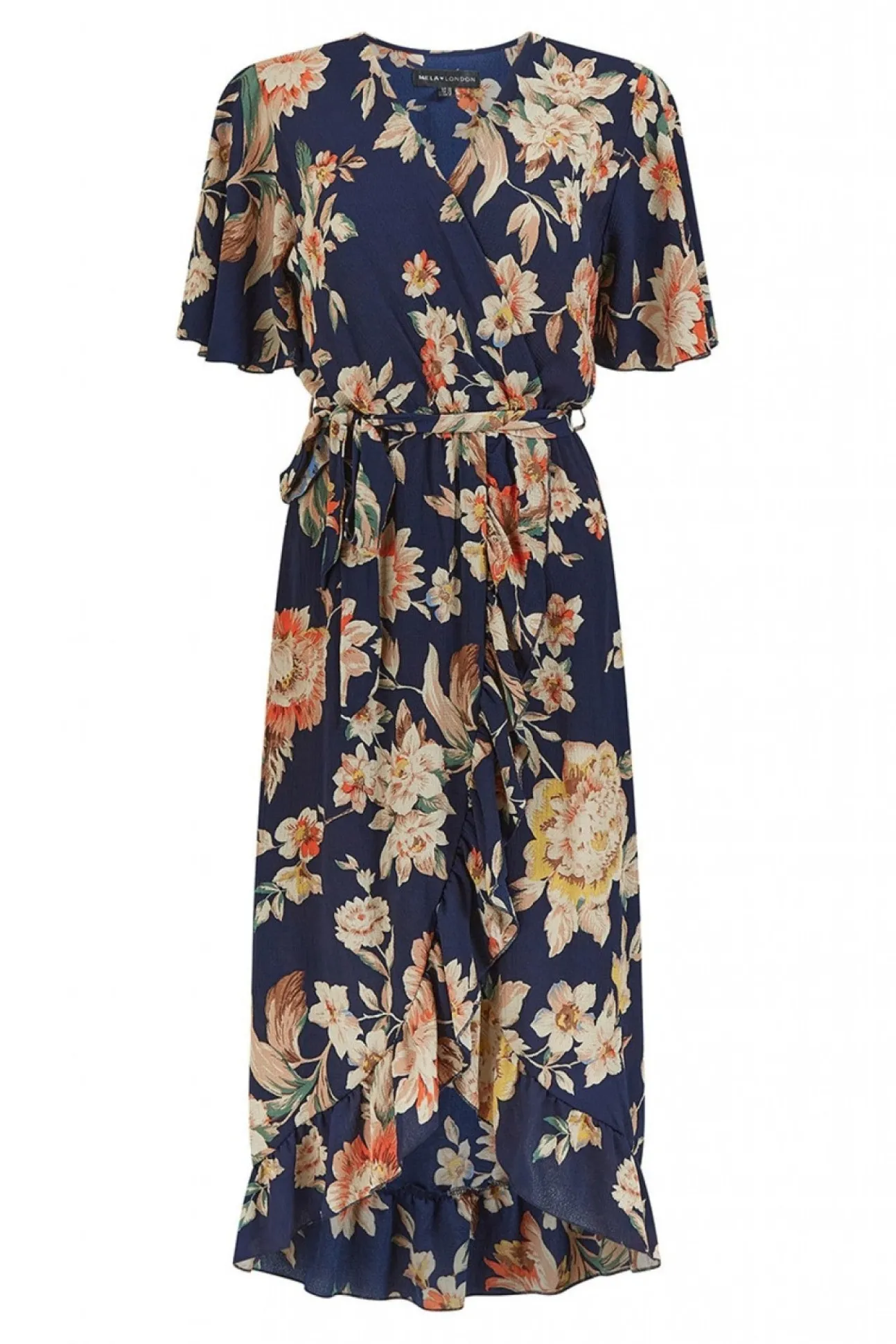 Women Mela London Navy Winter Floral Wrap Midi Dress