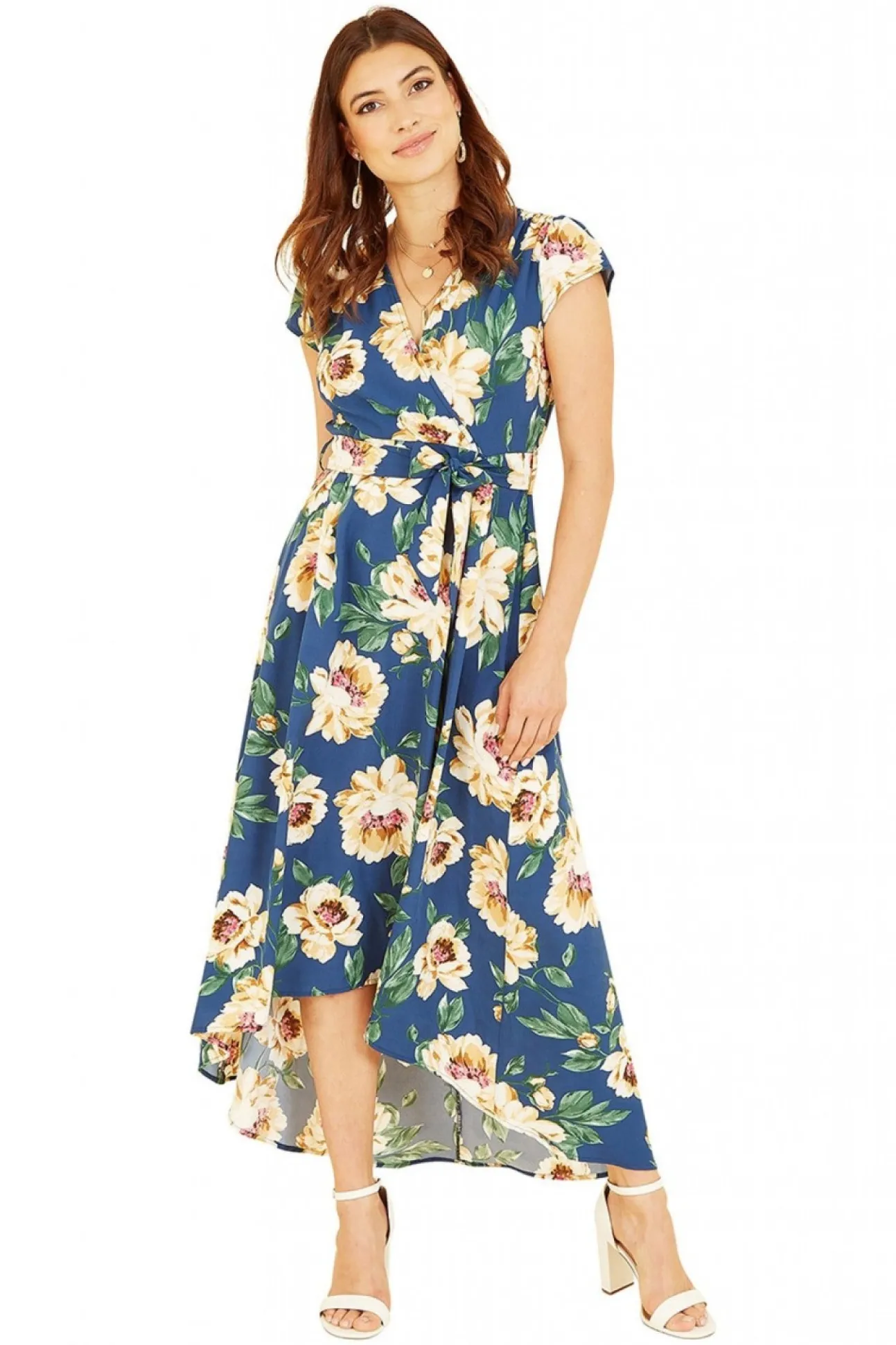 Women Mela London Painted Floral Print Dipped Hem Wrap Dress