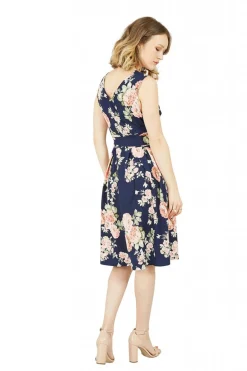 Women Mela London Rose Printed Wrap Over Sleeveless Skater Dress