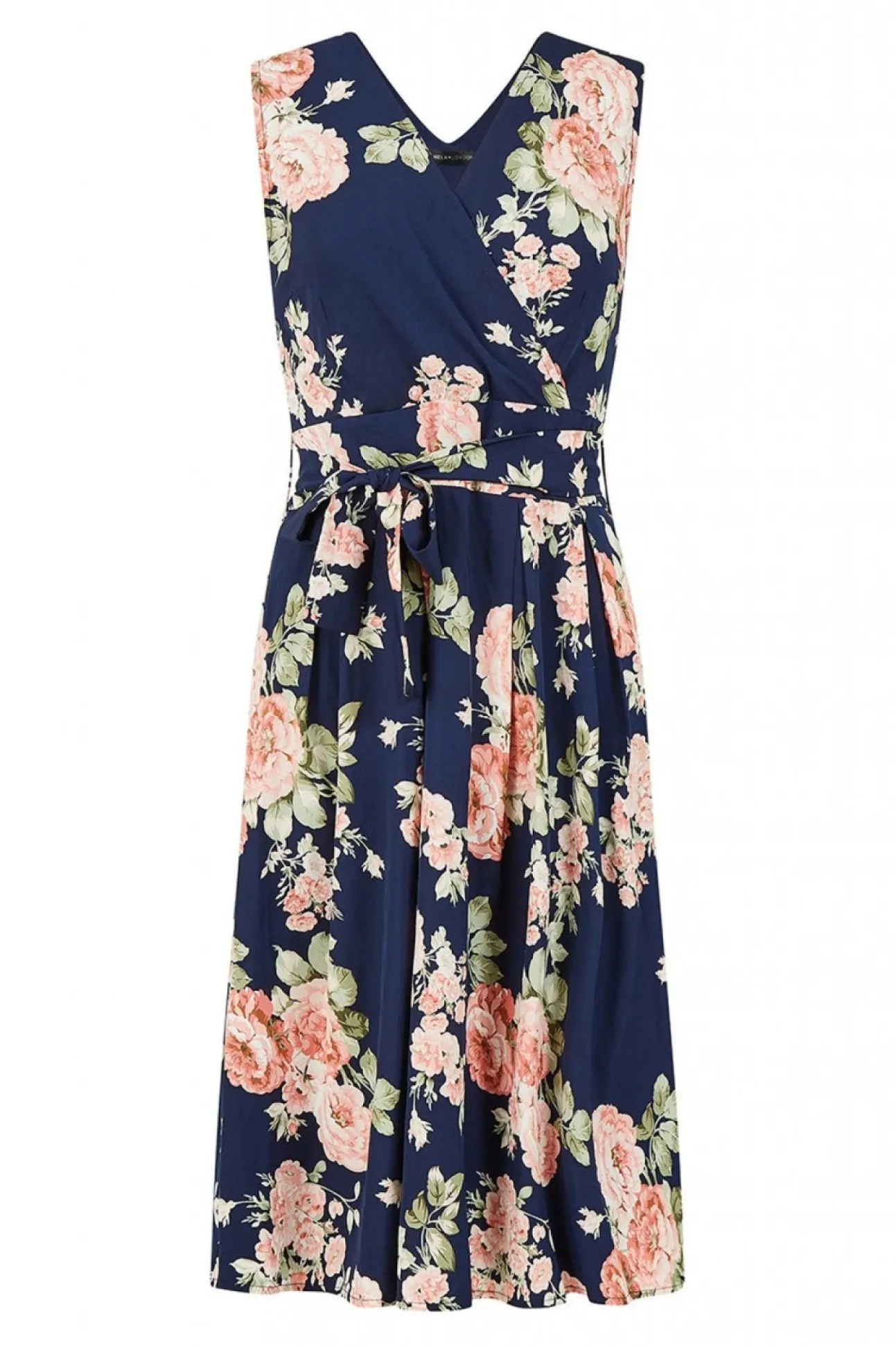 Women Mela London Rose Printed Wrap Over Sleeveless Skater Dress