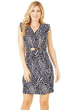 Women Mela London Zig Zag Jersey Pocket Dress With Gold Bar