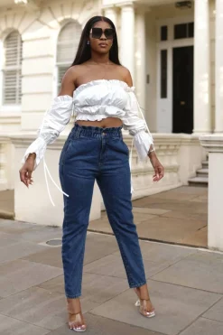 Women SETSOFRAN London High Waist Shape Paperbag Jeans Medium Wash