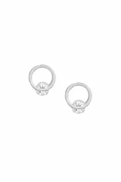 Women White Leaf Circle Earring With Single Crystal In