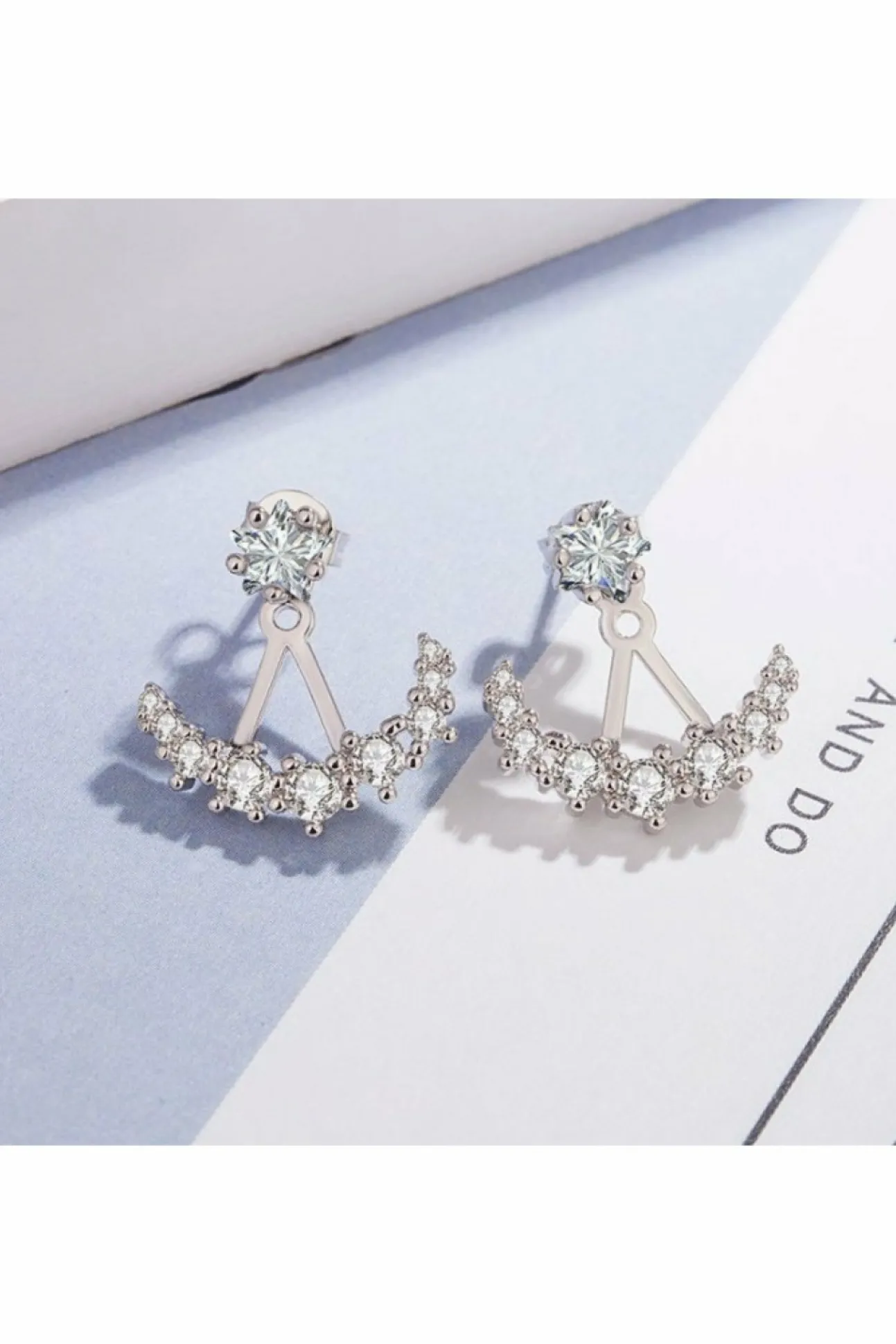 Women White Leaf Cubic Zirconia Curve Ear Jacket Sterling
