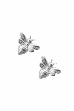 Women White Leaf Little Bee Earring In Satin