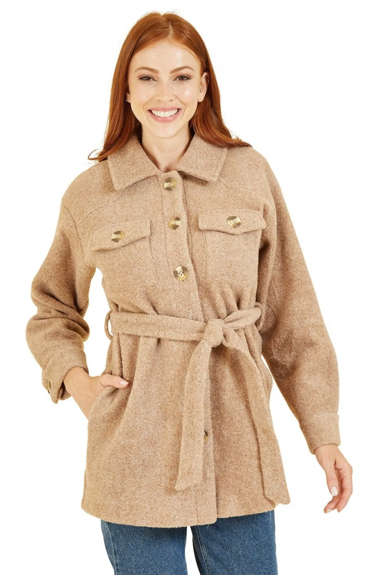 Women Yumi Button Down Shacket With Tie Belt