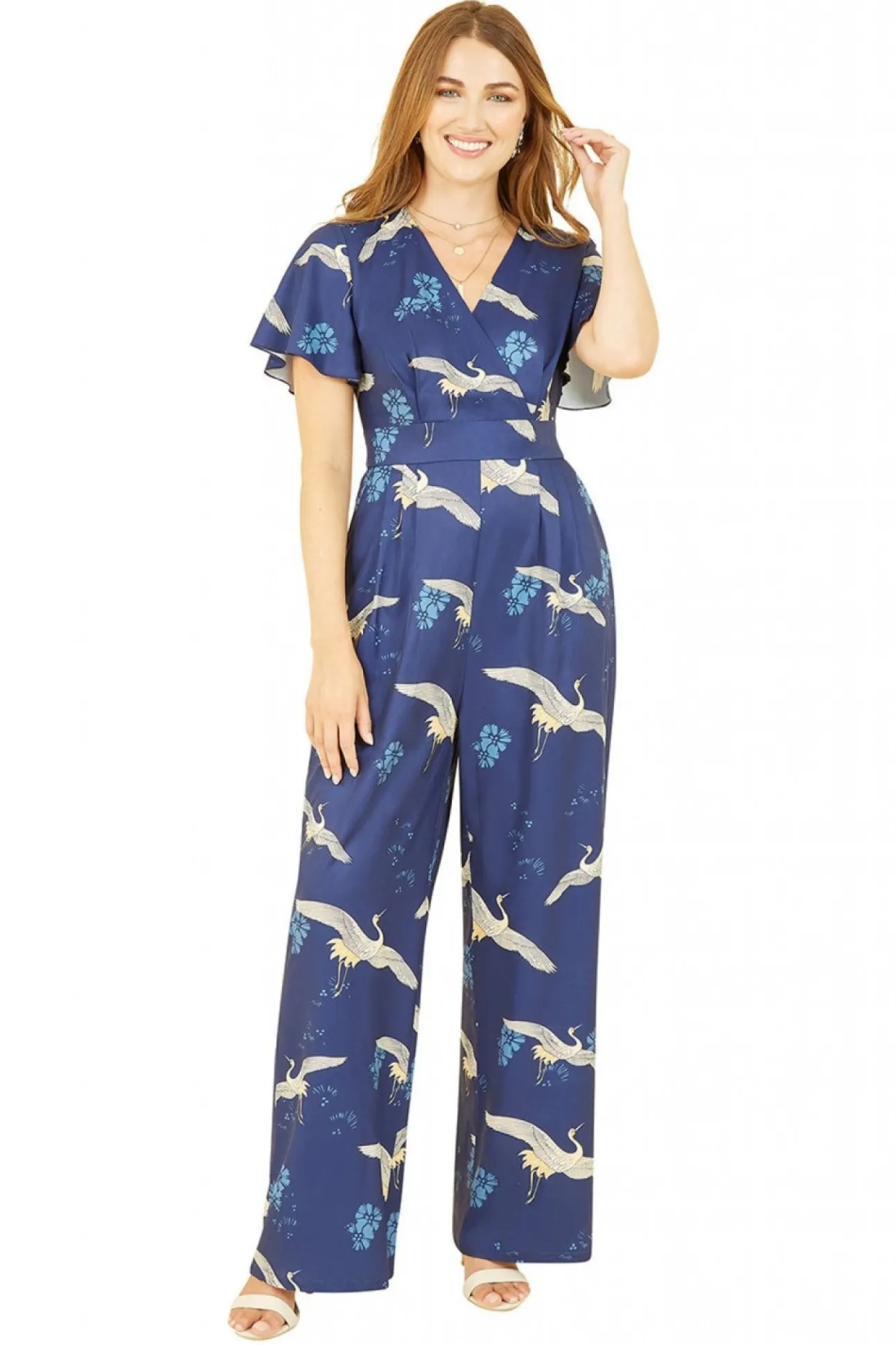 Women Yumi Crane Print Angel Sleeve Jumpsuit